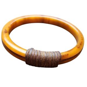 Vintage Leather Wrapped Butterscotch Bakelite Bangle Bracelet